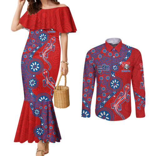 Newcastle Knights NAIDOC Week 2026 Couples Matching Mermaid Dress and Long Sleeve Button Shirt Aboriginal Lizard Dot Painting - 50 Years of Deadly