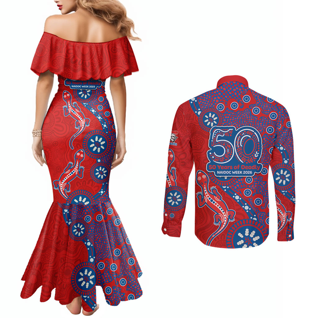 Newcastle Knights NAIDOC Week 2026 Couples Matching Mermaid Dress and Long Sleeve Button Shirt Aboriginal Lizard Dot Painting - 50 Years of Deadly