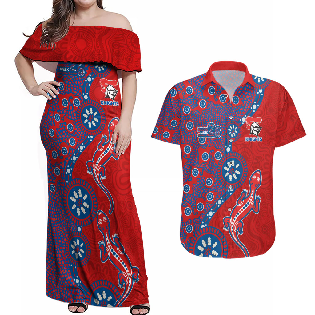 Newcastle Knights NAIDOC Week 2026 Couples Matching Off Shoulder Maxi Dress and Hawaiian Shirt Aboriginal Lizard Dot Painting - 50 Years of Deadly