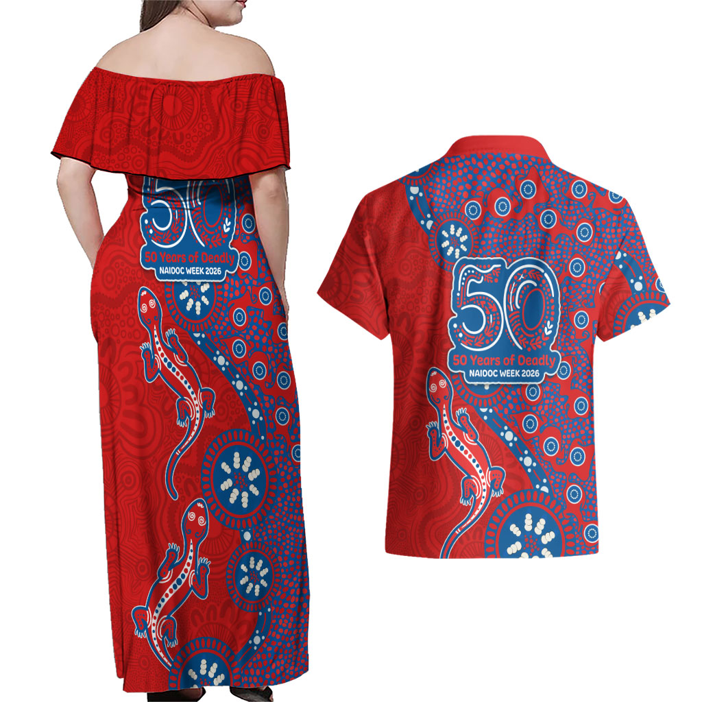 Newcastle Knights NAIDOC Week 2026 Couples Matching Off Shoulder Maxi Dress and Hawaiian Shirt Aboriginal Lizard Dot Painting - 50 Years of Deadly