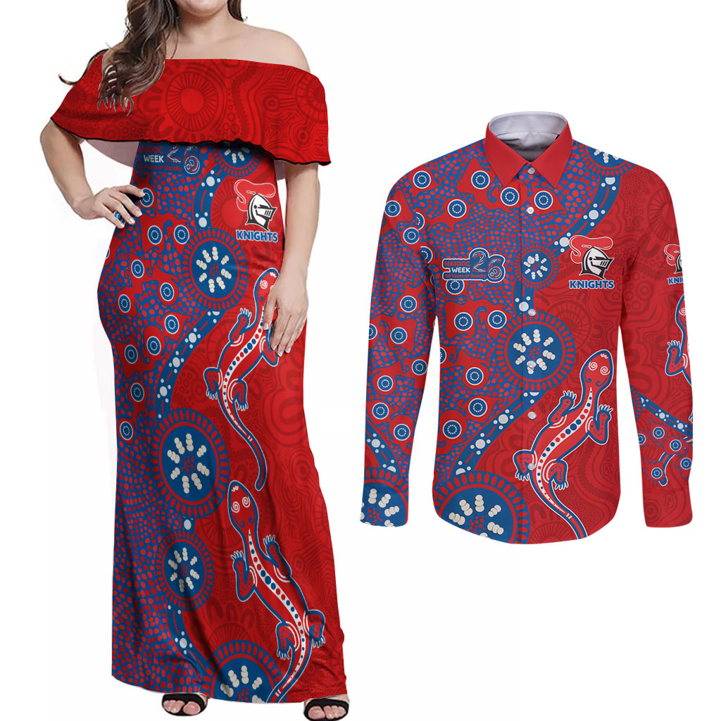 Newcastle Knights NAIDOC Week 2026 Couples Matching Off Shoulder Maxi Dress and Long Sleeve Button Shirt Aboriginal Lizard Dot Painting - 50 Years of Deadly