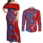 Newcastle Knights NAIDOC Week 2026 Couples Matching Off Shoulder Maxi Dress and Long Sleeve Button Shirt Aboriginal Lizard Dot Painting - 50 Years of Deadly