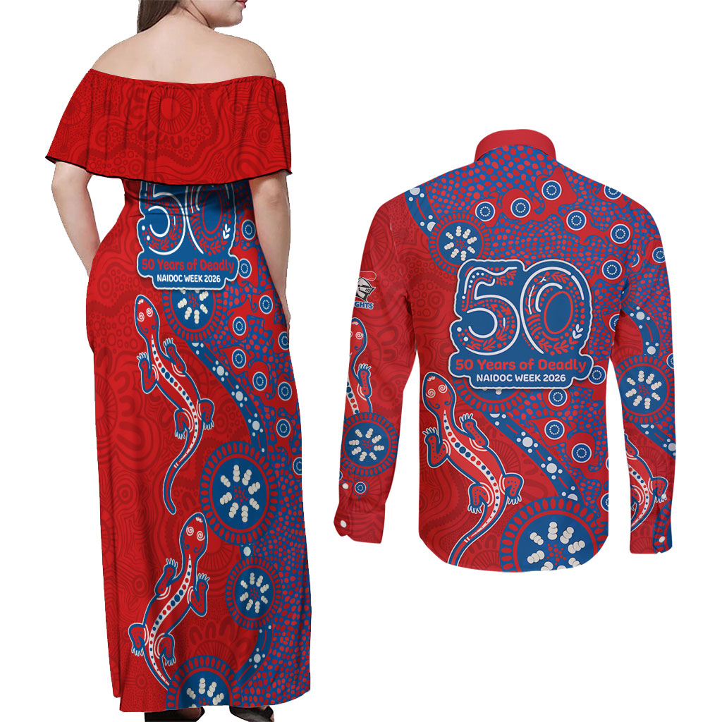 Newcastle Knights NAIDOC Week 2026 Couples Matching Off Shoulder Maxi Dress and Long Sleeve Button Shirt Aboriginal Lizard Dot Painting - 50 Years of Deadly