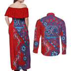 Newcastle Knights NAIDOC Week 2026 Couples Matching Off Shoulder Maxi Dress and Long Sleeve Button Shirt Aboriginal Lizard Dot Painting - 50 Years of Deadly