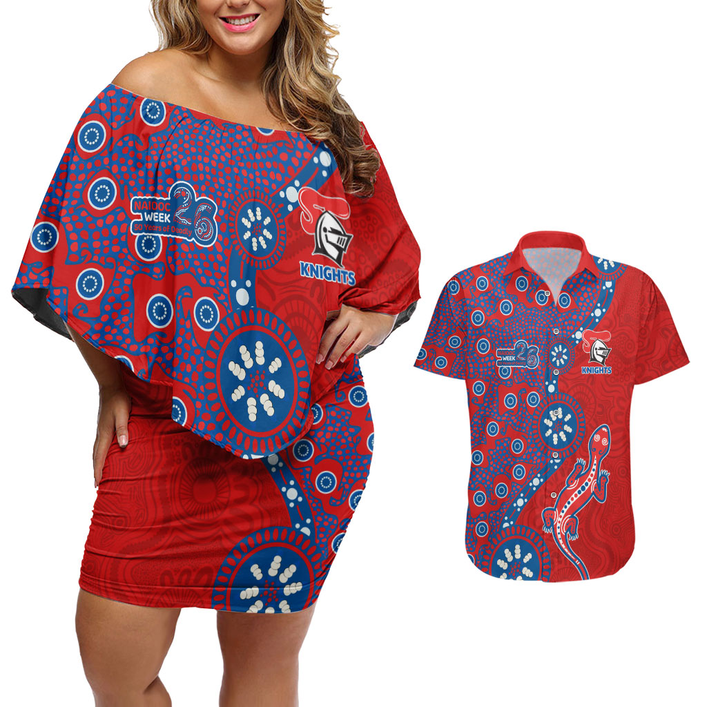 Newcastle Knights NAIDOC Week 2026 Couples Matching Off Shoulder Short Dress and Hawaiian Shirt Aboriginal Lizard Dot Painting - 50 Years of Deadly
