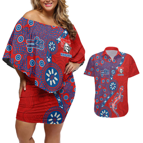 Newcastle Knights NAIDOC Week 2026 Couples Matching Off Shoulder Short Dress and Hawaiian Shirt Aboriginal Lizard Dot Painting - 50 Years of Deadly