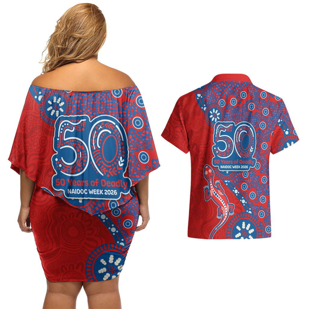 Newcastle Knights NAIDOC Week 2026 Couples Matching Off Shoulder Short Dress and Hawaiian Shirt Aboriginal Lizard Dot Painting - 50 Years of Deadly