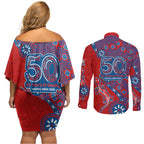 Newcastle Knights NAIDOC Week 2026 Couples Matching Off Shoulder Short Dress and Long Sleeve Button Shirt Aboriginal Lizard Dot Painting - 50 Years of Deadly