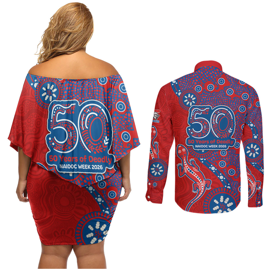 Newcastle Knights NAIDOC Week 2026 Couples Matching Off Shoulder Short Dress and Long Sleeve Button Shirt Aboriginal Lizard Dot Painting - 50 Years of Deadly