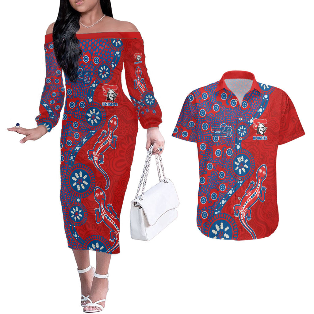 Newcastle Knights NAIDOC Week 2026 Couples Matching Off The Shoulder Long Sleeve Dress and Hawaiian Shirt Aboriginal Lizard Dot Painting - 50 Years of Deadly