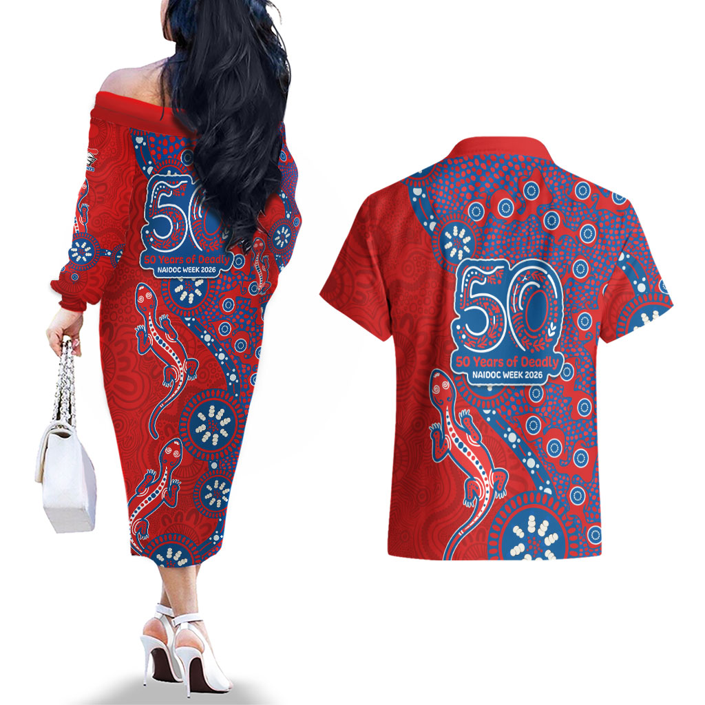Newcastle Knights NAIDOC Week 2026 Couples Matching Off The Shoulder Long Sleeve Dress and Hawaiian Shirt Aboriginal Lizard Dot Painting - 50 Years of Deadly