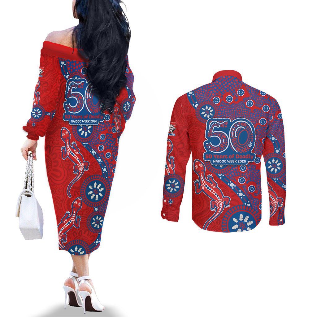 Newcastle Knights NAIDOC Week 2026 Couples Matching Off The Shoulder Long Sleeve Dress and Long Sleeve Button Shirt Aboriginal Lizard Dot Painting - 50 Years of Deadly