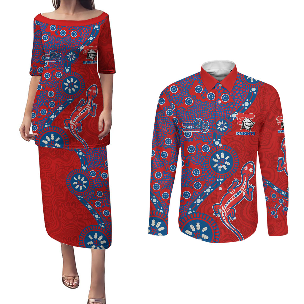 Newcastle Knights NAIDOC Week 2026 Couples Matching Puletasi and Long Sleeve Button Shirt Aboriginal Lizard Dot Painting - 50 Years of Deadly