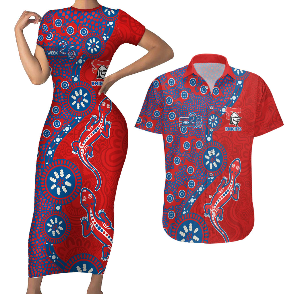 Newcastle Knights NAIDOC Week 2026 Couples Matching Short Sleeve Bodycon Dress and Hawaiian Shirt Aboriginal Lizard Dot Painting - 50 Years of Deadly