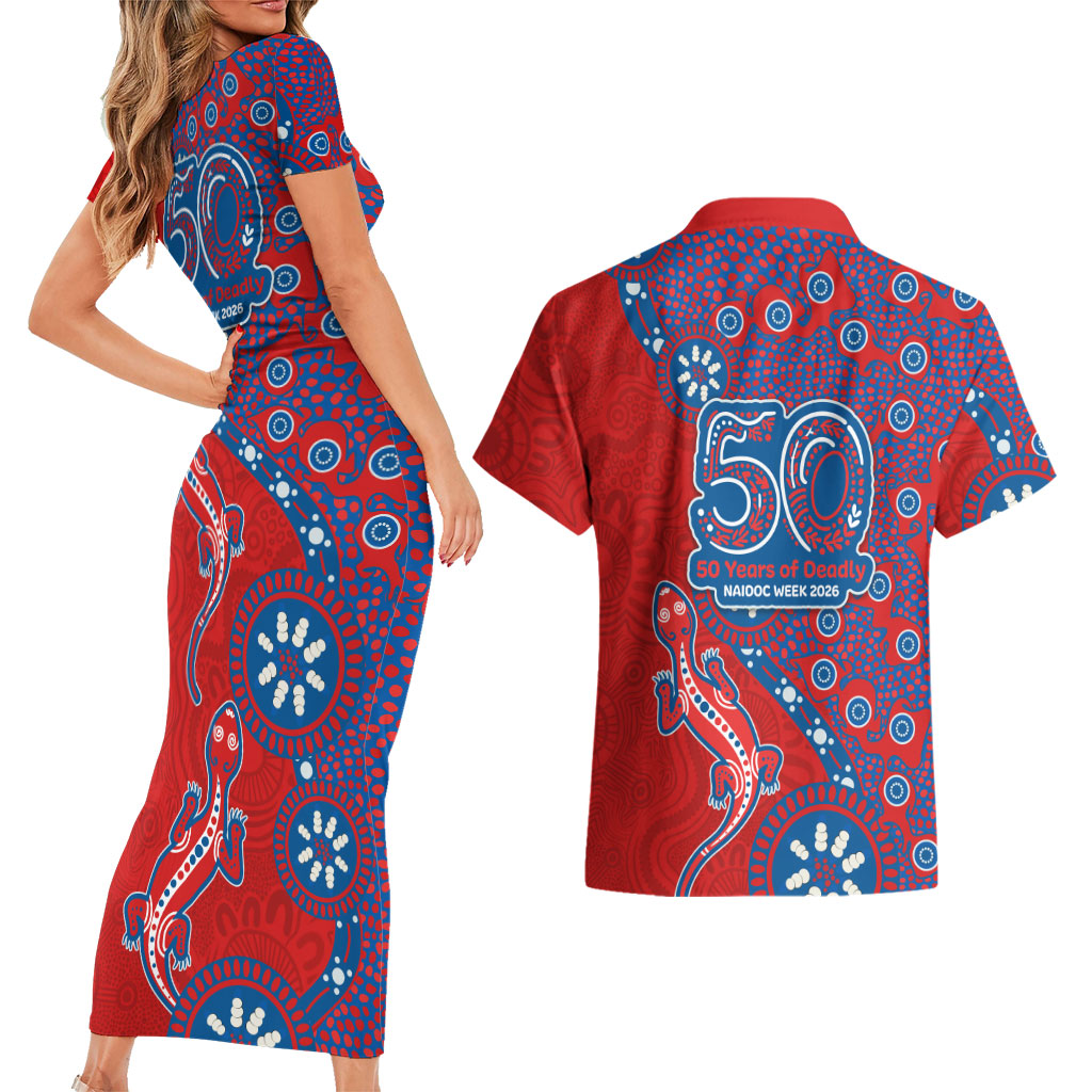 Newcastle Knights NAIDOC Week 2026 Couples Matching Short Sleeve Bodycon Dress and Hawaiian Shirt Aboriginal Lizard Dot Painting - 50 Years of Deadly