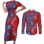 Newcastle Knights NAIDOC Week 2026 Couples Matching Short Sleeve Bodycon Dress and Long Sleeve Button Shirt Aboriginal Lizard Dot Painting - 50 Years of Deadly