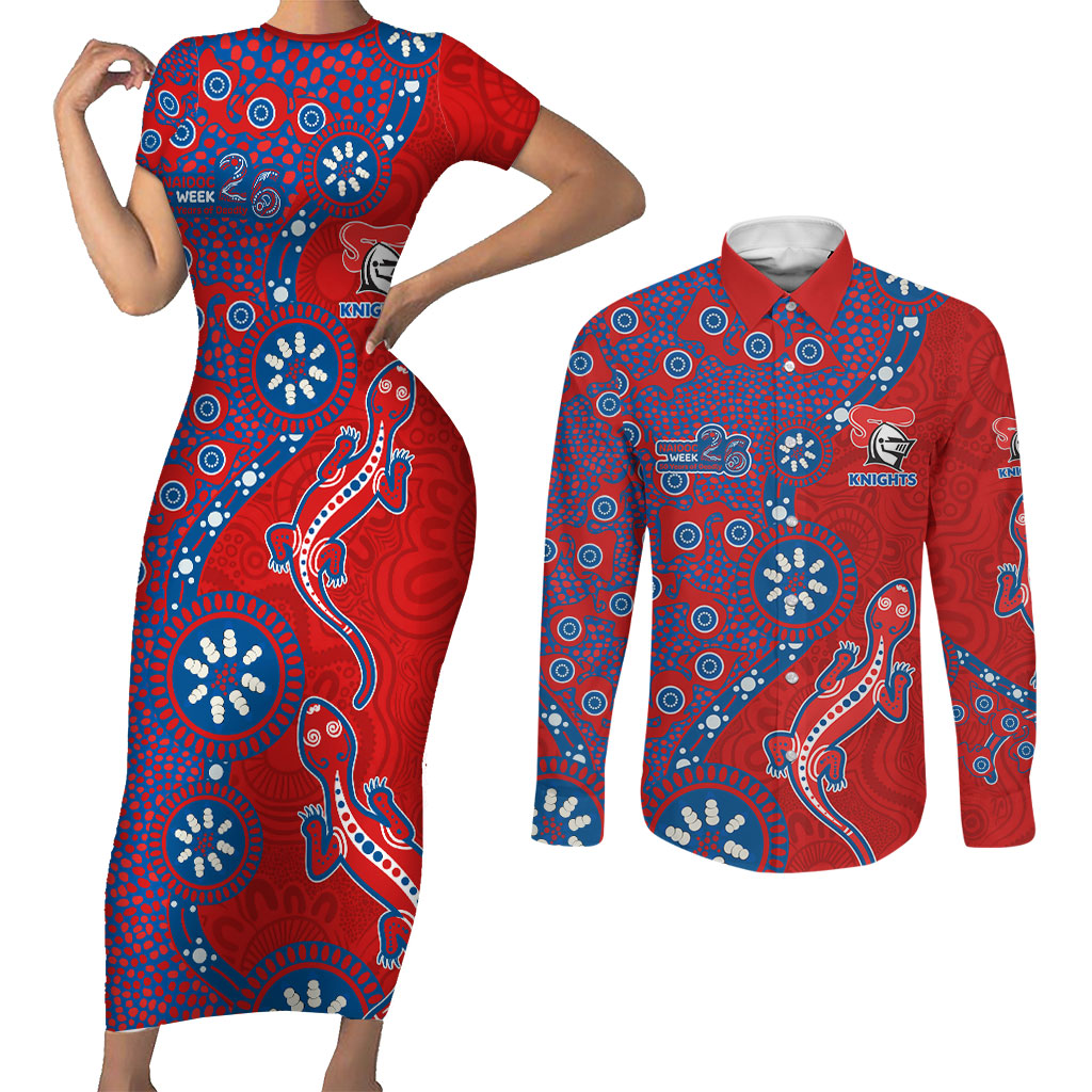 Newcastle Knights NAIDOC Week 2026 Couples Matching Short Sleeve Bodycon Dress and Long Sleeve Button Shirt Aboriginal Lizard Dot Painting - 50 Years of Deadly