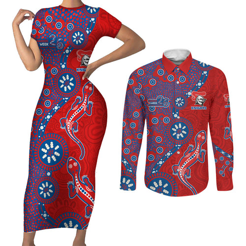 Newcastle Knights NAIDOC Week 2026 Couples Matching Short Sleeve Bodycon Dress and Long Sleeve Button Shirt Aboriginal Lizard Dot Painting - 50 Years of Deadly