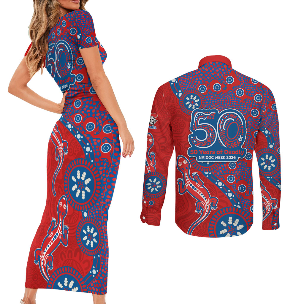 Newcastle Knights NAIDOC Week 2026 Couples Matching Short Sleeve Bodycon Dress and Long Sleeve Button Shirt Aboriginal Lizard Dot Painting - 50 Years of Deadly