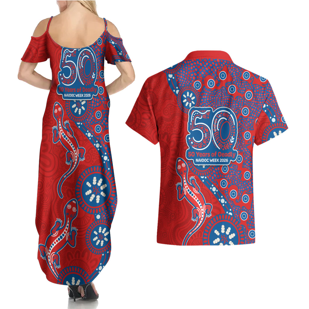 Newcastle Knights NAIDOC Week 2026 Couples Matching Summer Maxi Dress and Hawaiian Shirt Aboriginal Lizard Dot Painting - 50 Years of Deadly