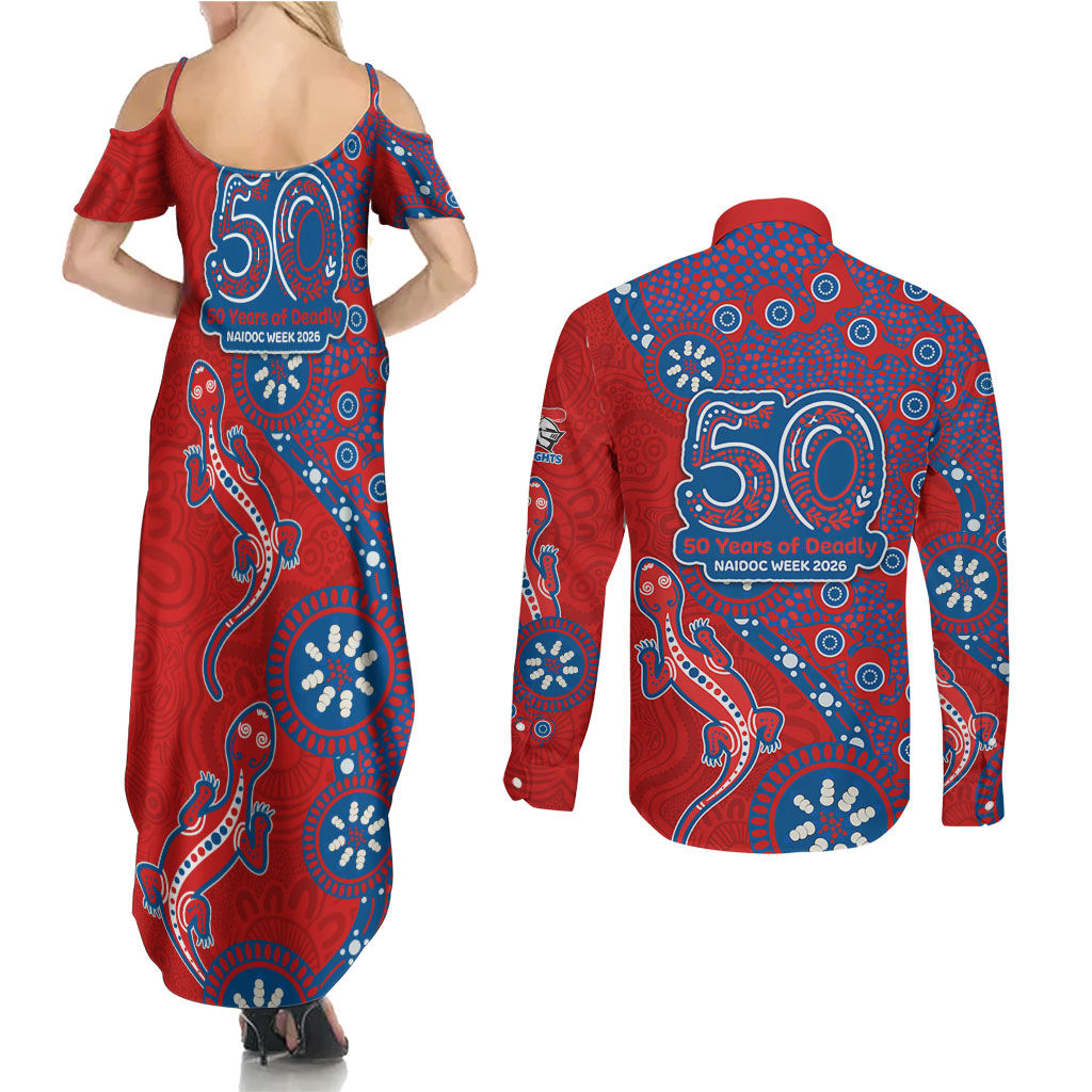 Newcastle Knights NAIDOC Week 2026 Couples Matching Summer Maxi Dress and Long Sleeve Button Shirt Aboriginal Lizard Dot Painting - 50 Years of Deadly