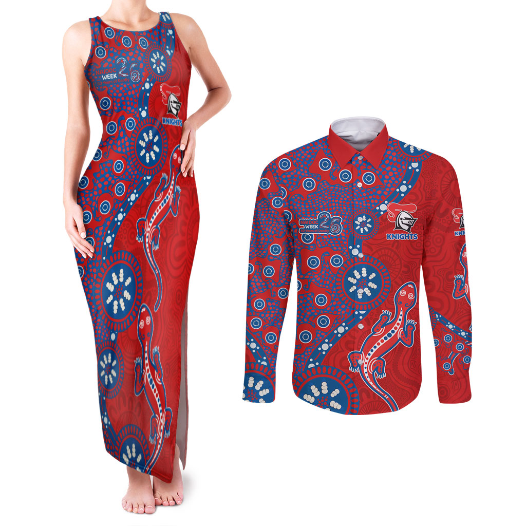 Newcastle Knights NAIDOC Week 2026 Couples Matching Tank Maxi Dress and Long Sleeve Button Shirt Aboriginal Lizard Dot Painting - 50 Years of Deadly