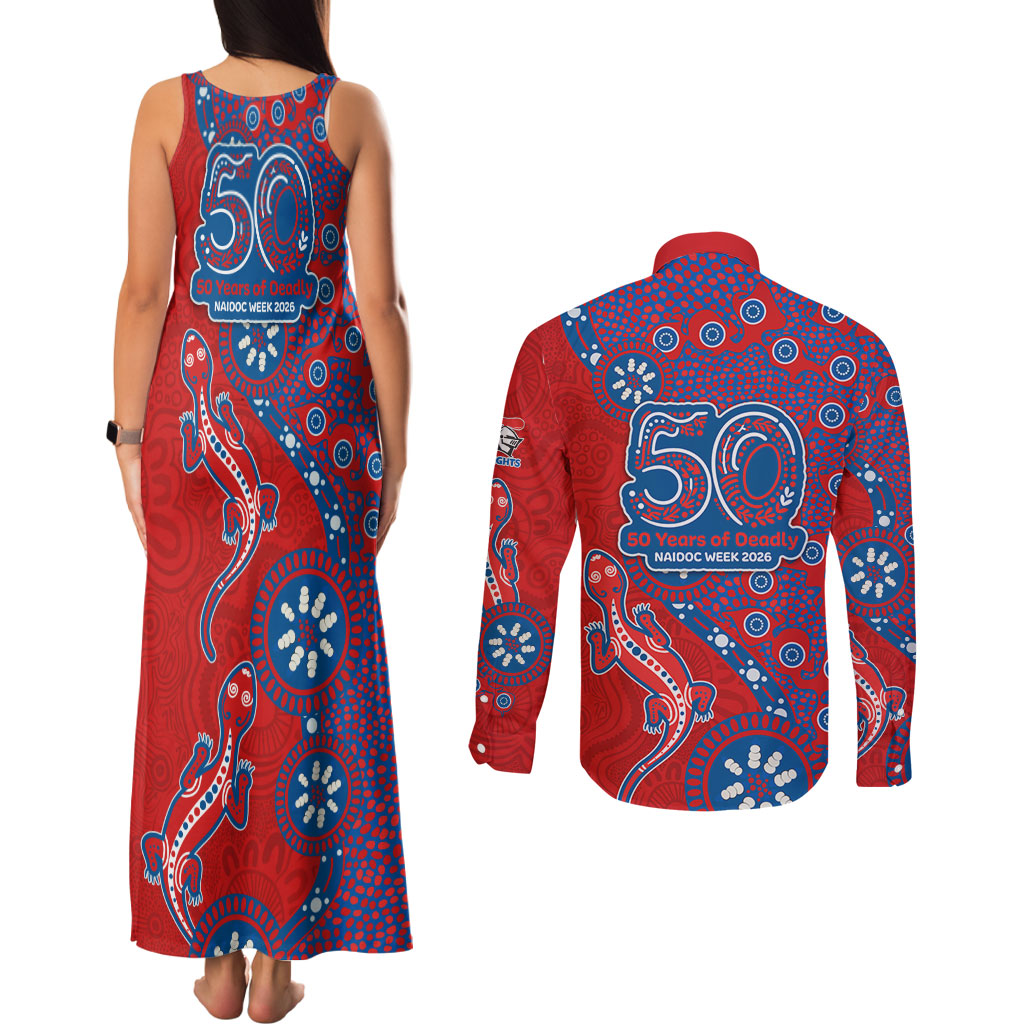 Newcastle Knights NAIDOC Week 2026 Couples Matching Tank Maxi Dress and Long Sleeve Button Shirt Aboriginal Lizard Dot Painting - 50 Years of Deadly