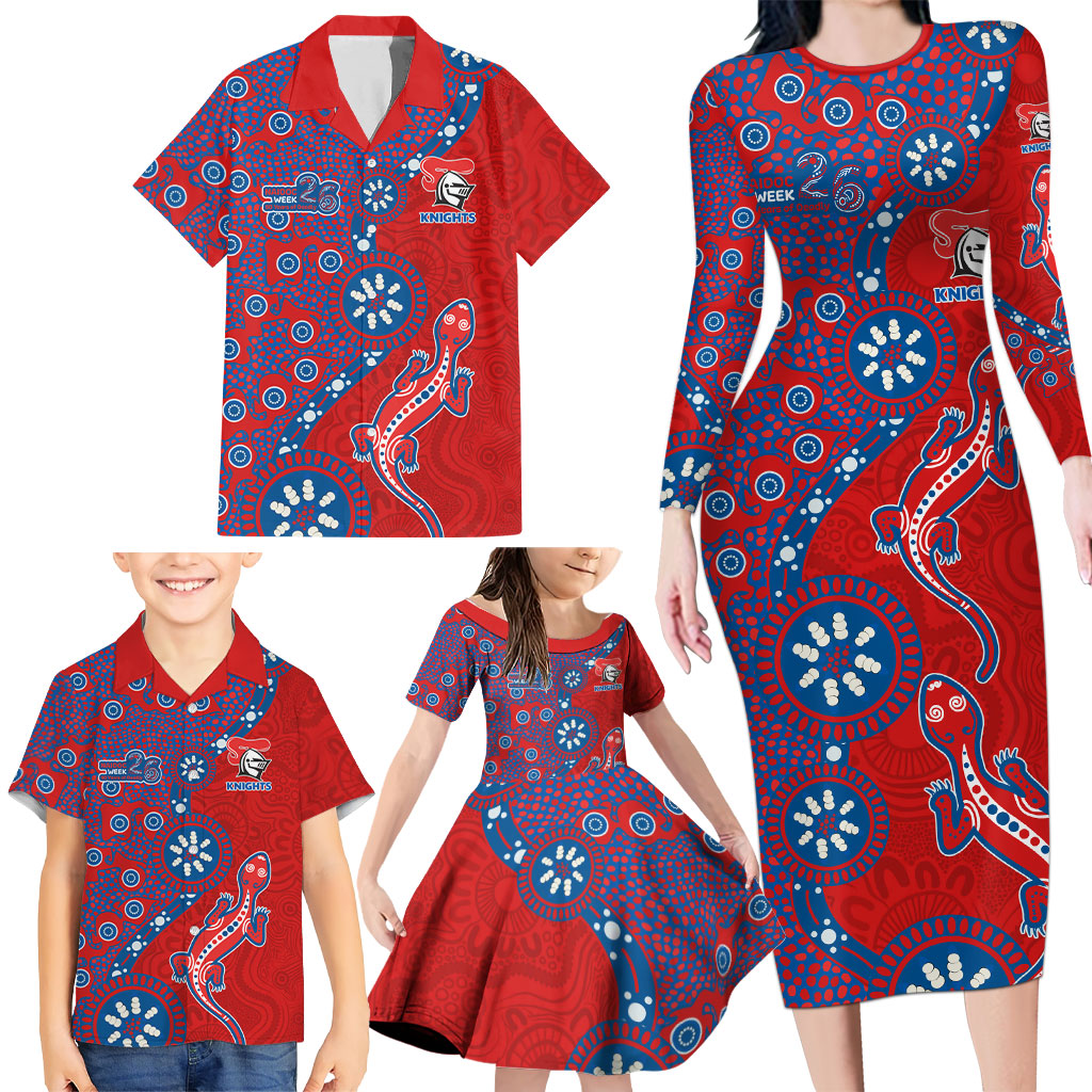 Newcastle Knights NAIDOC Week 2026 Family Matching Long Sleeve Bodycon Dress and Hawaiian Shirt Aboriginal Lizard Dot Painting - 50 Years of Deadly