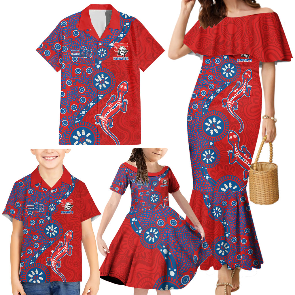Newcastle Knights NAIDOC Week 2026 Family Matching Mermaid Dress and Hawaiian Shirt Aboriginal Lizard Dot Painting - 50 Years of Deadly