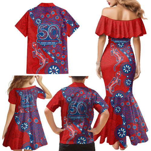 Newcastle Knights NAIDOC Week 2026 Family Matching Mermaid Dress and Hawaiian Shirt Aboriginal Lizard Dot Painting - 50 Years of Deadly
