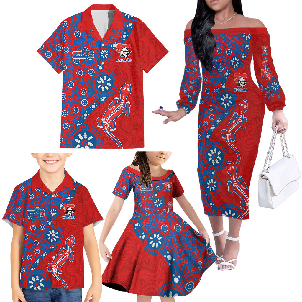 Newcastle Knights NAIDOC Week 2026 Family Matching Off The Shoulder Long Sleeve Dress and Hawaiian Shirt Aboriginal Lizard Dot Painting - 50 Years of Deadly