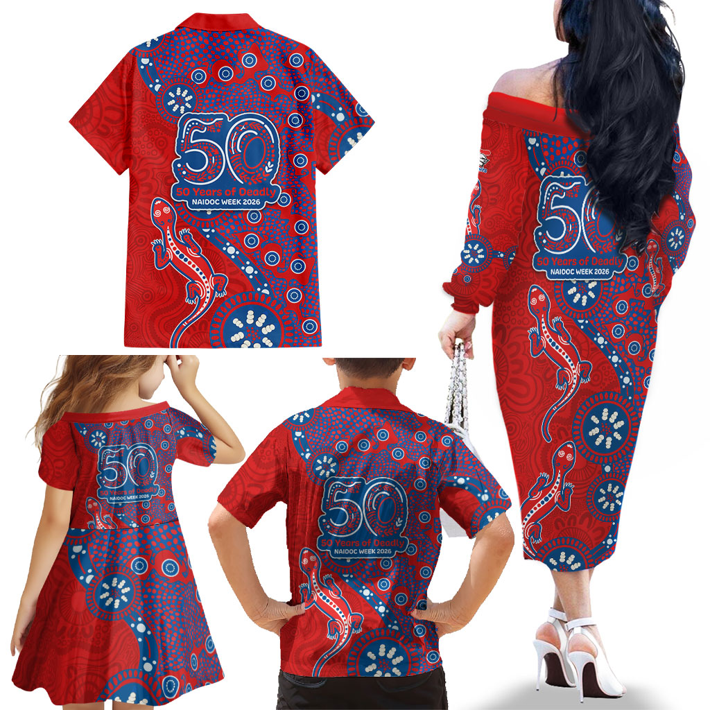 Newcastle Knights NAIDOC Week 2026 Family Matching Off The Shoulder Long Sleeve Dress and Hawaiian Shirt Aboriginal Lizard Dot Painting - 50 Years of Deadly