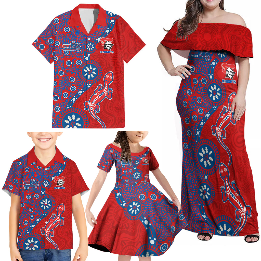 Newcastle Knights NAIDOC Week 2026 Family Matching Off Shoulder Maxi Dress and Hawaiian Shirt Aboriginal Lizard Dot Painting - 50 Years of Deadly