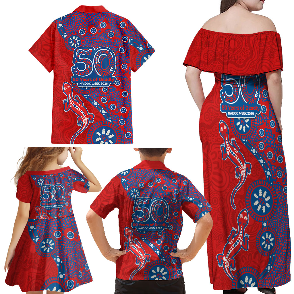 Newcastle Knights NAIDOC Week 2026 Family Matching Off Shoulder Maxi Dress and Hawaiian Shirt Aboriginal Lizard Dot Painting - 50 Years of Deadly