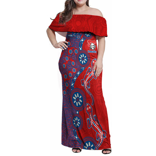 Newcastle Knights NAIDOC Week 2026 Family Matching Off Shoulder Maxi Dress and Hawaiian Shirt Aboriginal Lizard Dot Painting - 50 Years of Deadly