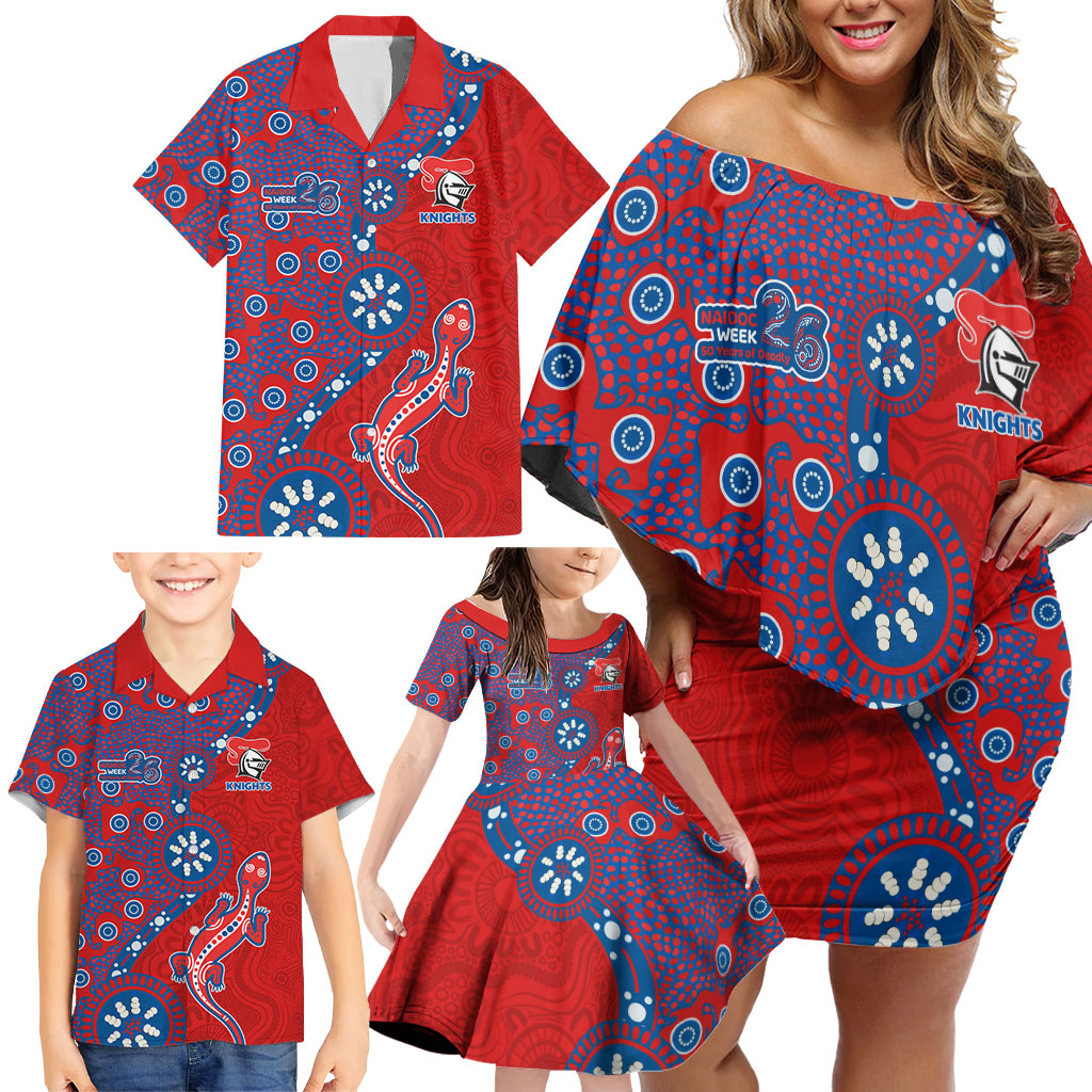 Newcastle Knights NAIDOC Week 2026 Family Matching Off Shoulder Short Dress and Hawaiian Shirt Aboriginal Lizard Dot Painting - 50 Years of Deadly