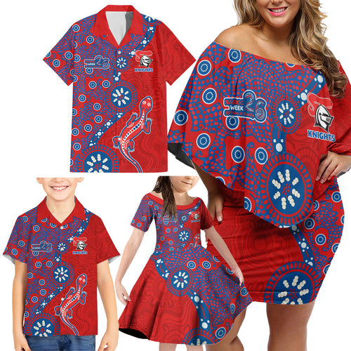 Newcastle Knights NAIDOC Week 2026 Family Matching Off Shoulder Short Dress and Hawaiian Shirt Aboriginal Lizard Dot Painting - 50 Years of Deadly