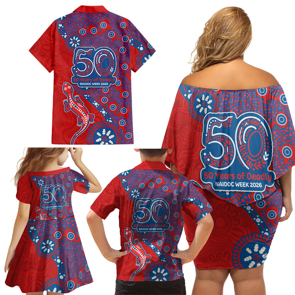 Newcastle Knights NAIDOC Week 2026 Family Matching Off Shoulder Short Dress and Hawaiian Shirt Aboriginal Lizard Dot Painting - 50 Years of Deadly