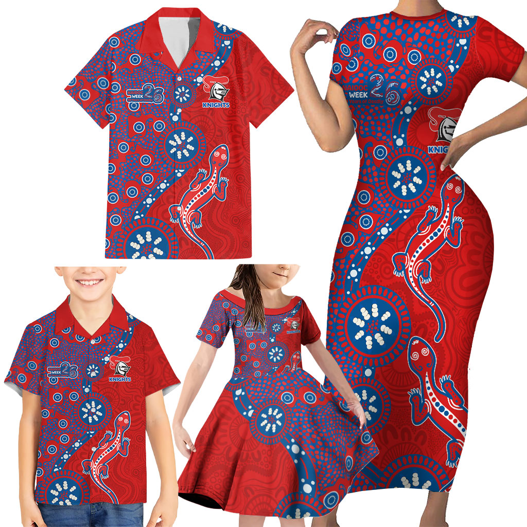 Newcastle Knights NAIDOC Week 2026 Family Matching Short Sleeve Bodycon Dress and Hawaiian Shirt Aboriginal Lizard Dot Painting - 50 Years of Deadly