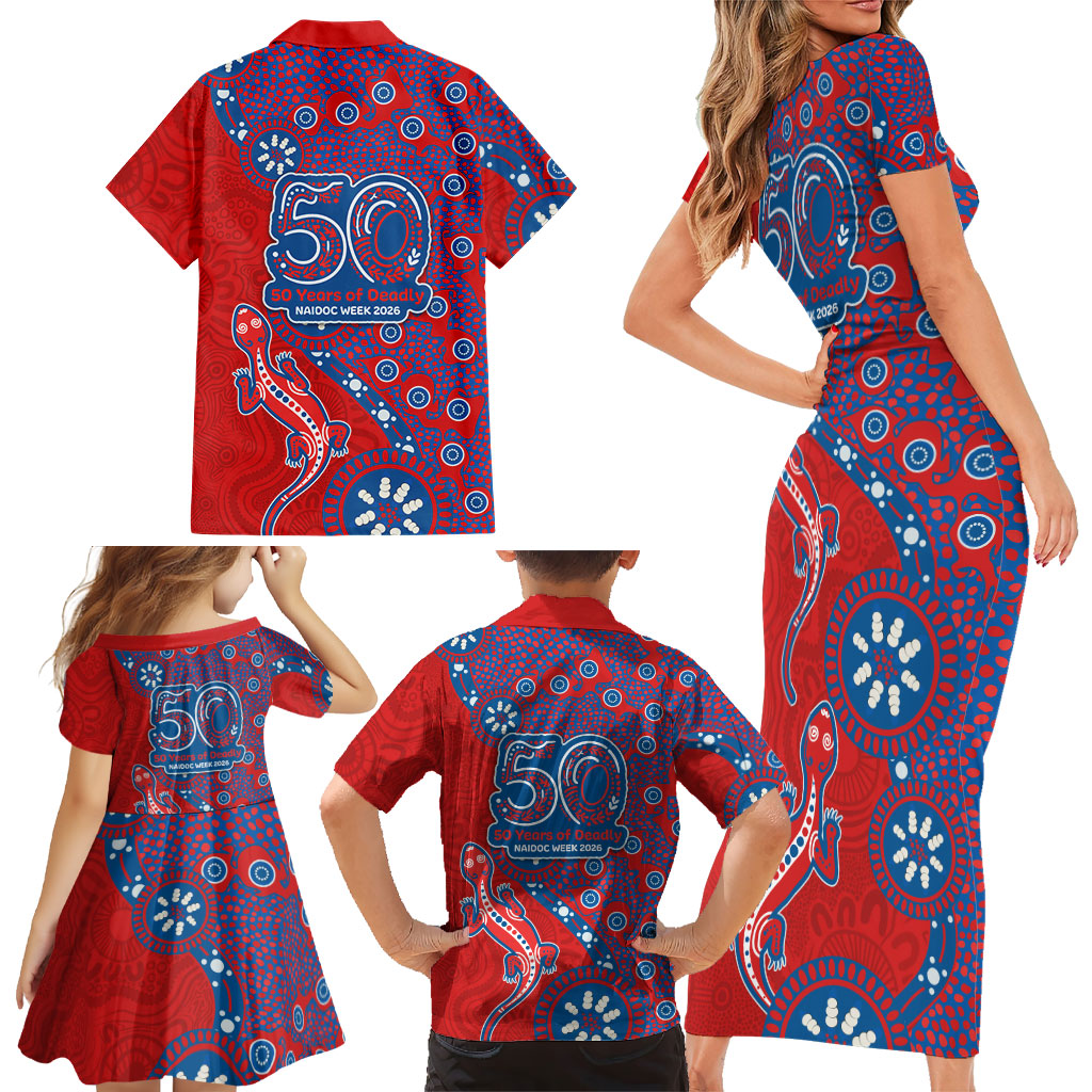 Newcastle Knights NAIDOC Week 2026 Family Matching Short Sleeve Bodycon Dress and Hawaiian Shirt Aboriginal Lizard Dot Painting - 50 Years of Deadly