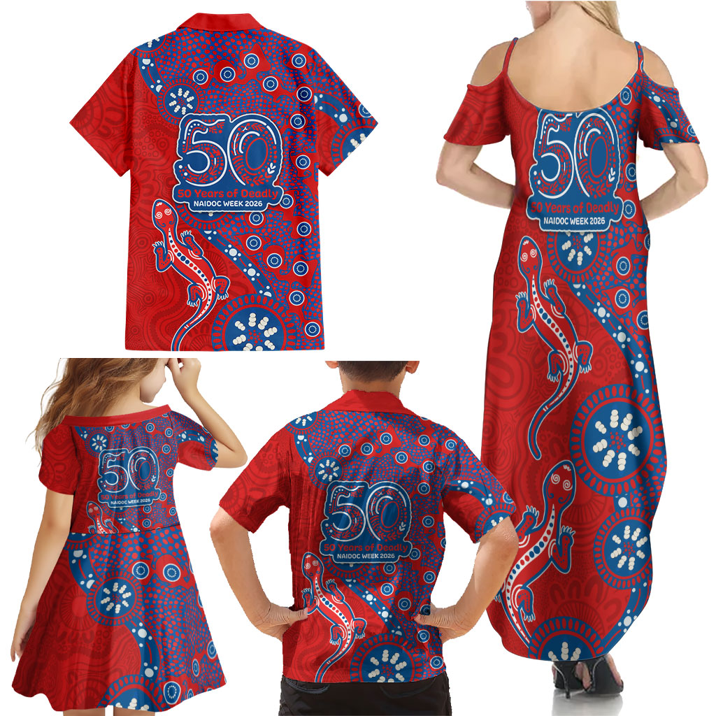 Newcastle Knights NAIDOC Week 2026 Family Matching Summer Maxi Dress and Hawaiian Shirt Aboriginal Lizard Dot Painting - 50 Years of Deadly