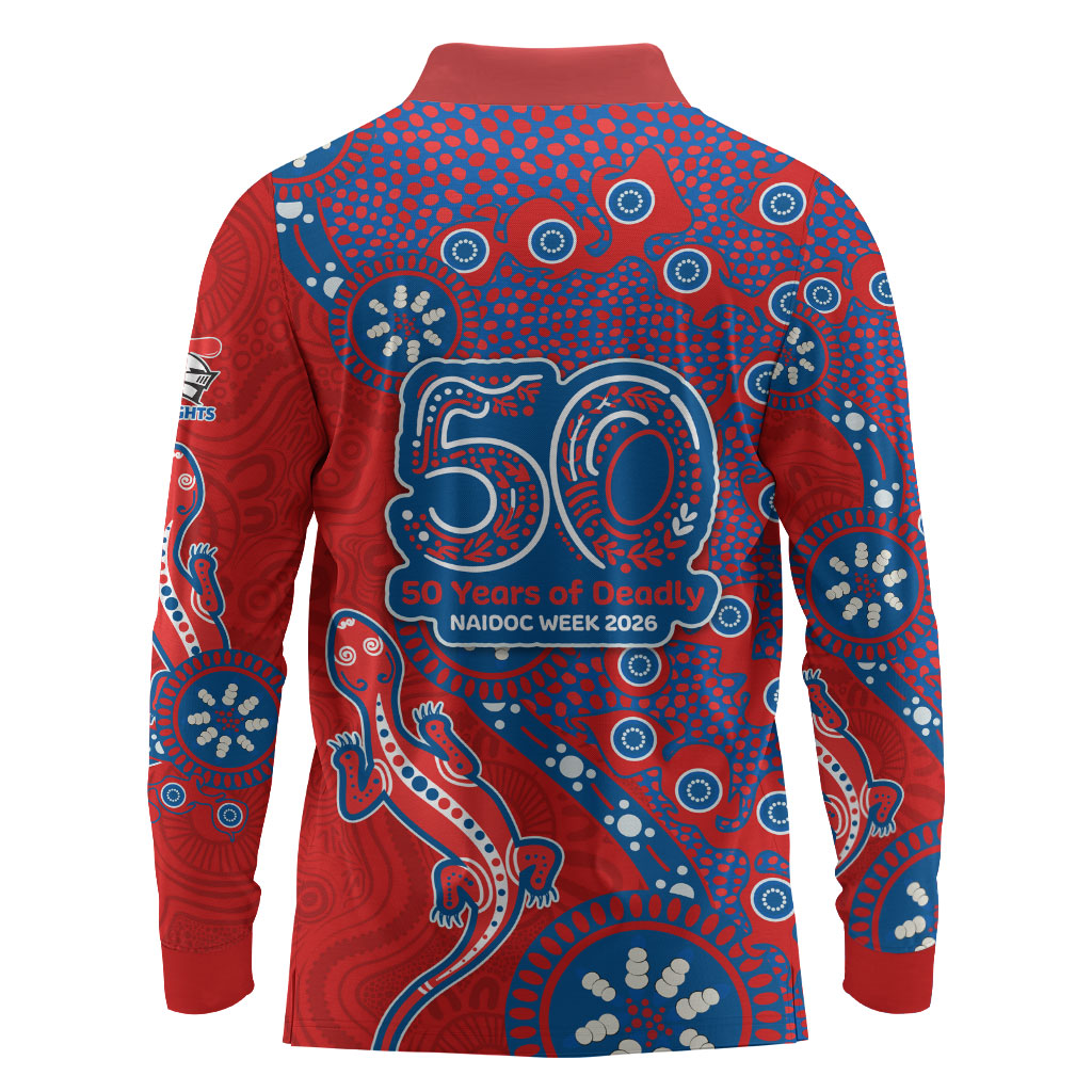 Newcastle Knights NAIDOC Week 2026 Long Sleeve Polo Shirt Aboriginal Lizard Dot Painting - 50 Years of Deadly