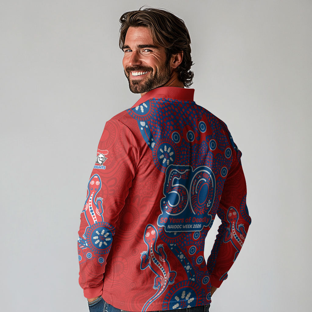 Newcastle Knights NAIDOC Week 2026 Long Sleeve Polo Shirt Aboriginal Lizard Dot Painting - 50 Years of Deadly