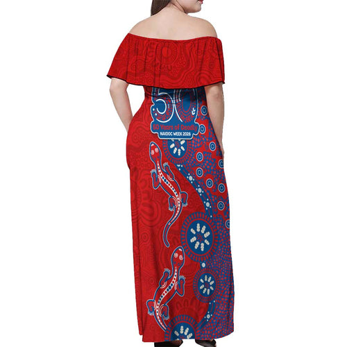 Newcastle Knights NAIDOC Week 2026 Off Shoulder Maxi Dress Aboriginal Lizard Dot Painting - 50 Years of Deadly