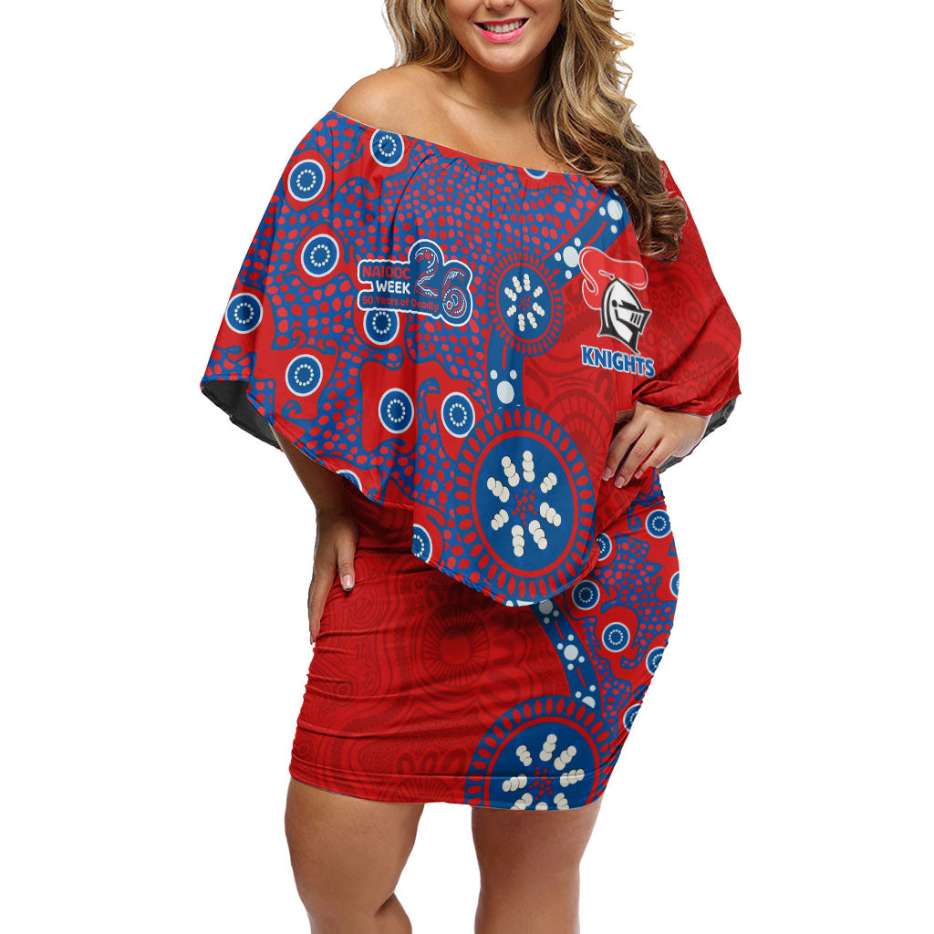 Newcastle Knights NAIDOC Week 2026 Off Shoulder Short Dress Aboriginal Lizard Dot Painting - 50 Years of Deadly