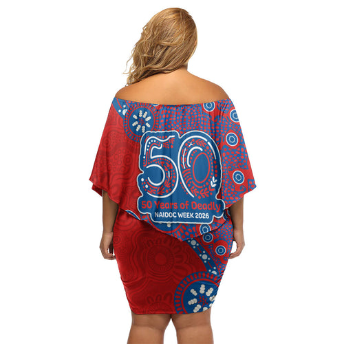 Newcastle Knights NAIDOC Week 2026 Off Shoulder Short Dress Aboriginal Lizard Dot Painting - 50 Years of Deadly