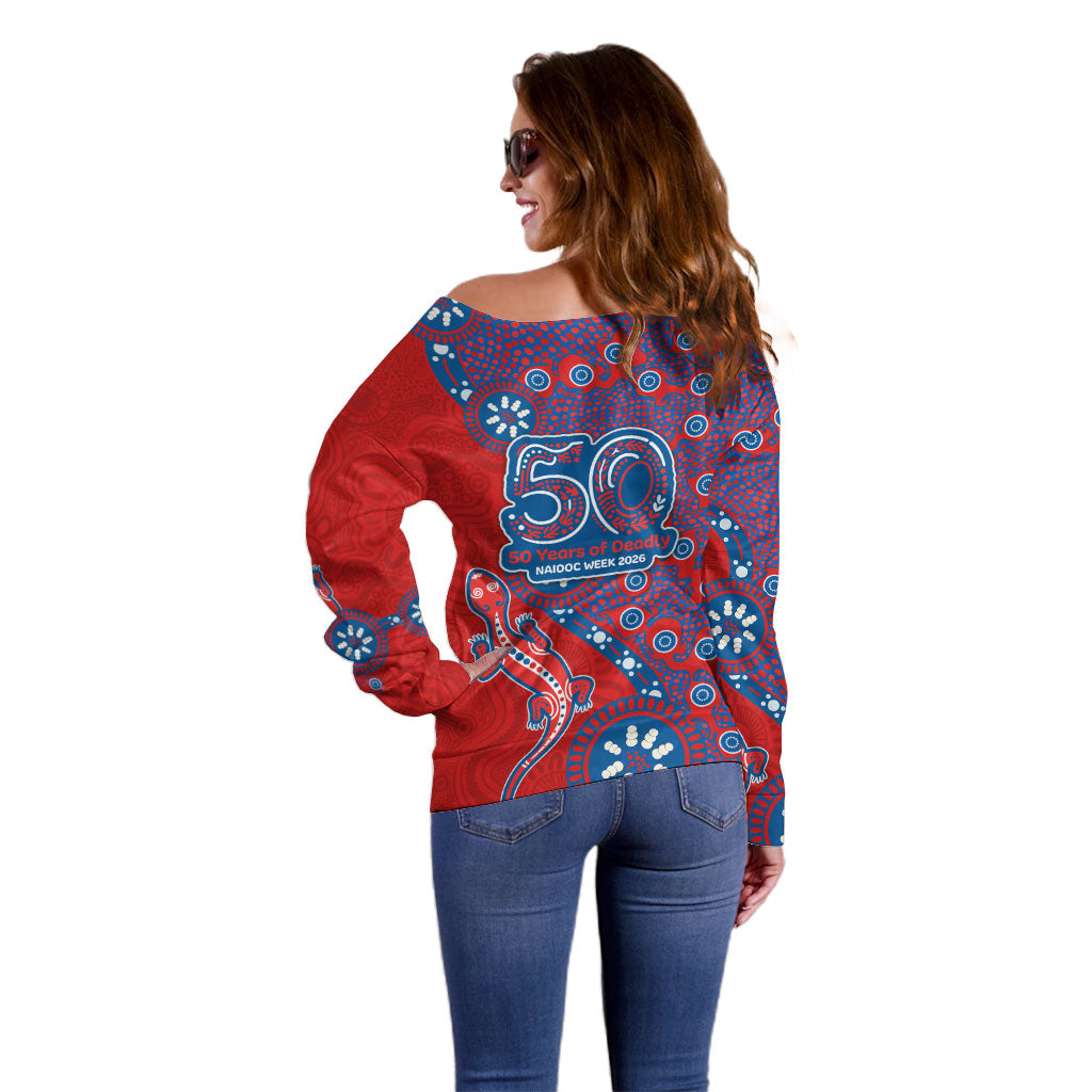 Newcastle Knights NAIDOC Week 2026 Off Shoulder Sweater Aboriginal Lizard Dot Painting - 50 Years of Deadly