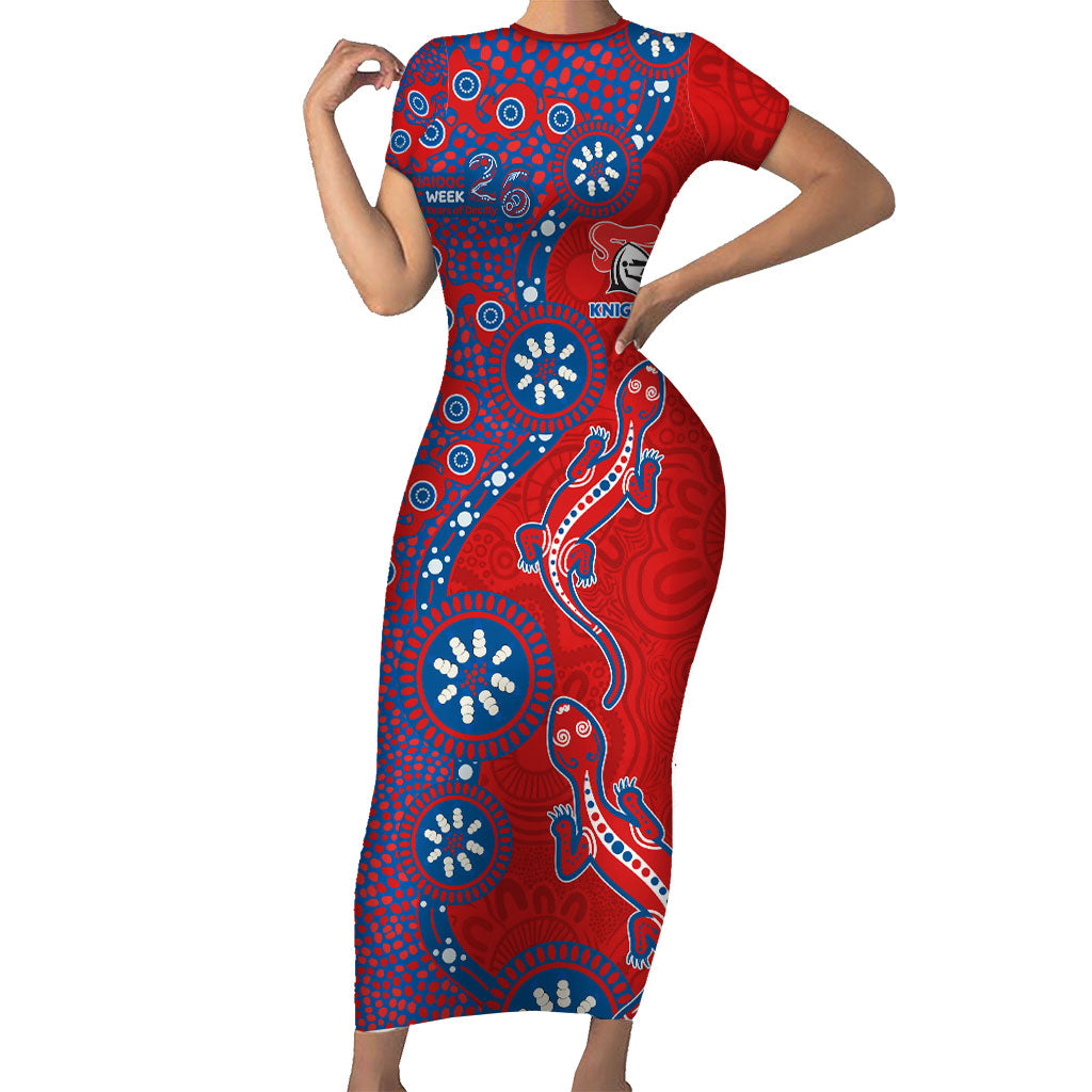 Newcastle Knights NAIDOC Week 2026 Short Sleeve Bodycon Dress Aboriginal Lizard Dot Painting - 50 Years of Deadly