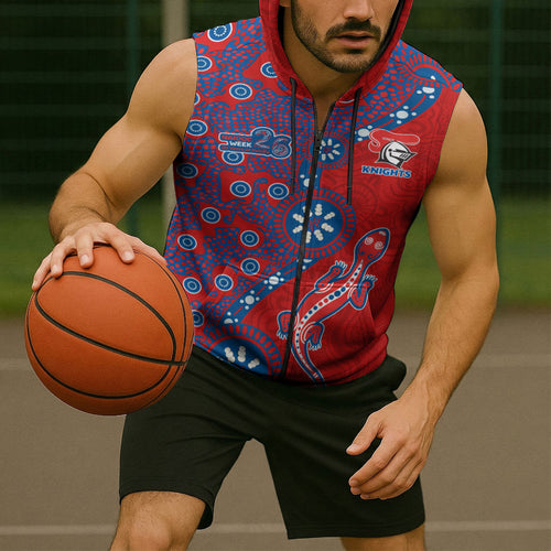 Newcastle Knights NAIDOC Week 2026 Sleeveless Zip Hoodie Aboriginal Lizard Dot Painting - 50 Years of Deadly