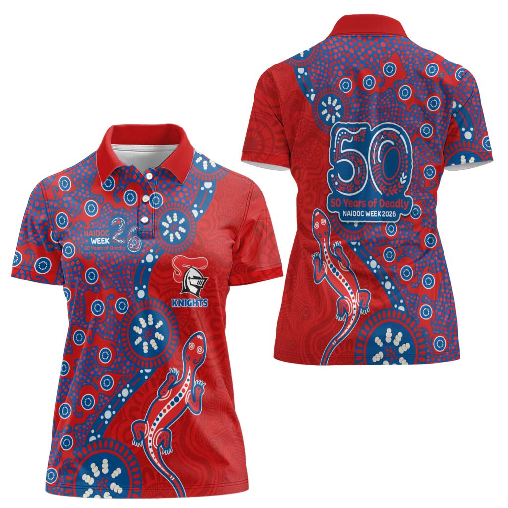 Newcastle Knights NAIDOC Week 2026 Women Polo Shirt Aboriginal Lizard Dot Painting - 50 Years of Deadly